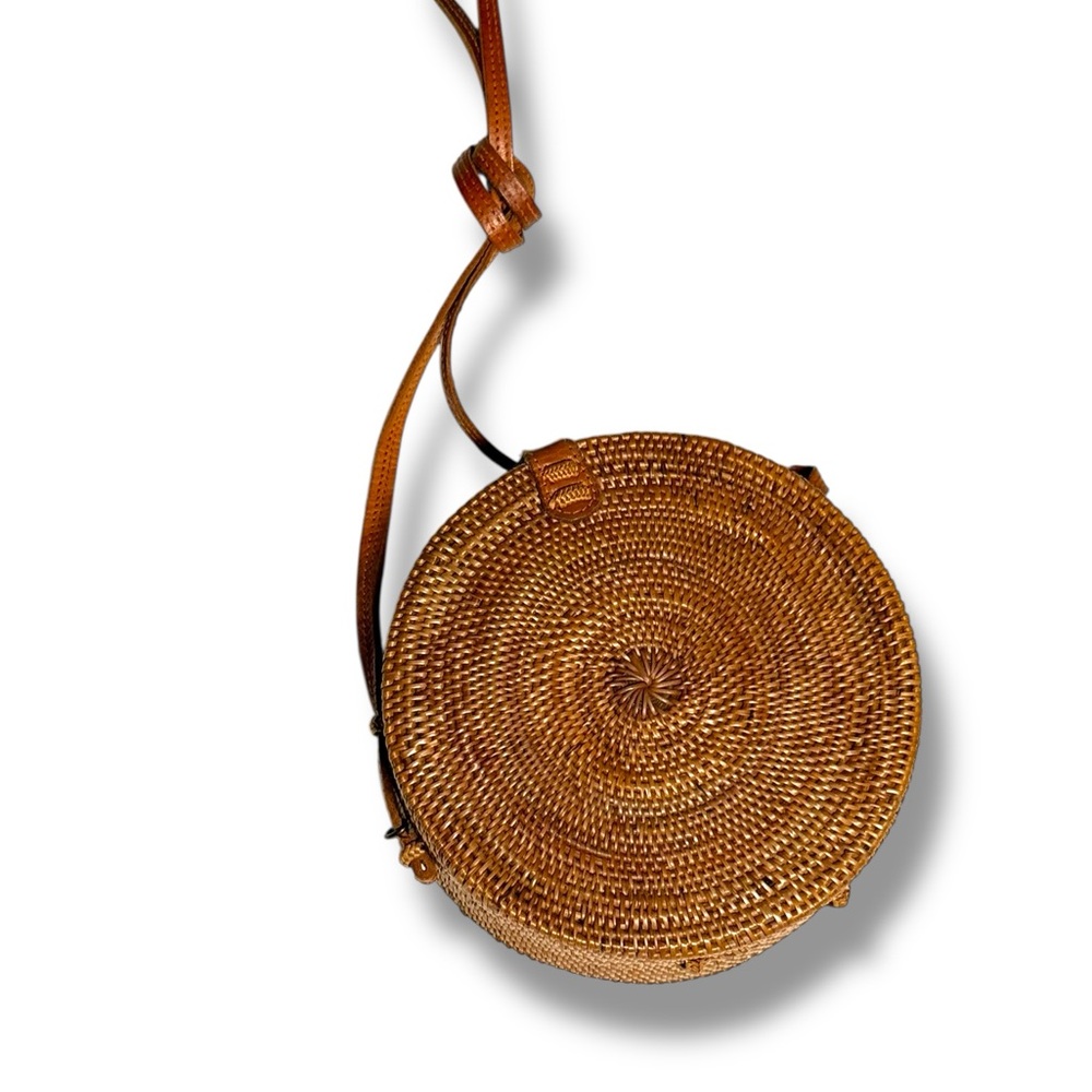 Ratan Round Woven braided Tan canteen Crossbody Bag boho‎ festival travel